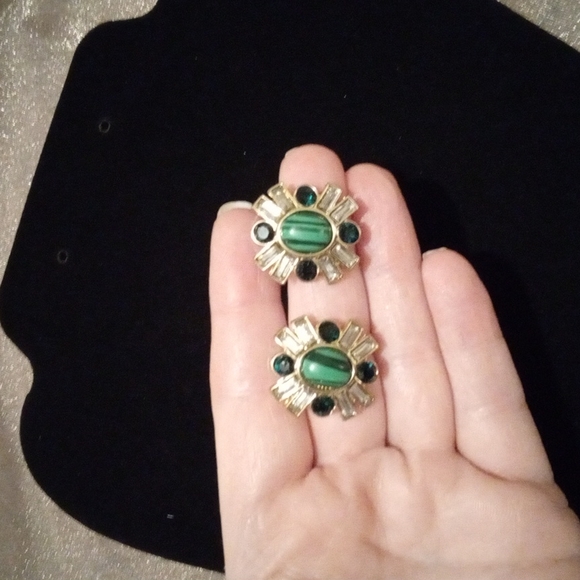 Anne Klein Faux Malachite and Crystal Pierced Earrings - Picture 1 of 3